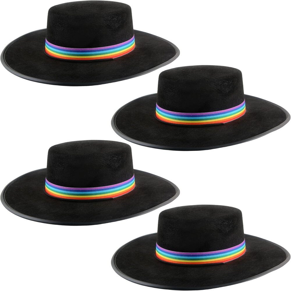 1693 4 Pcs Black Flat Fedora Top Hat Felt Flat Wide Brim Hats with Rainbow